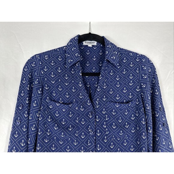 Express Portofino Shirt Womens Size XS Navy Blue Anchor Long Sleeve Roll Tab - Picture 2 of 14